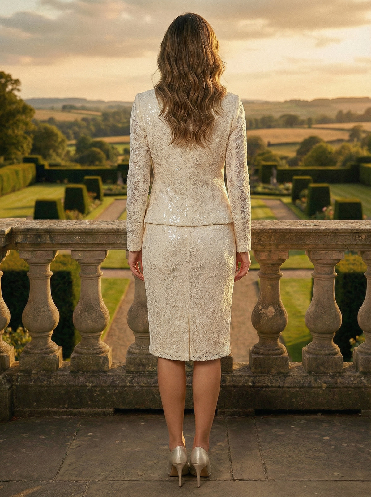 Lace Appliques Long Sleeve Two-Piece V-Neck Knee-Length Mother of the Bride Dresses with Jacket