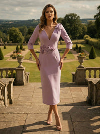 Sheath Satin V Neck 3/4 Sleeve Tea-Length Mother of the Bride Dresses with 3D Flowers & Bow