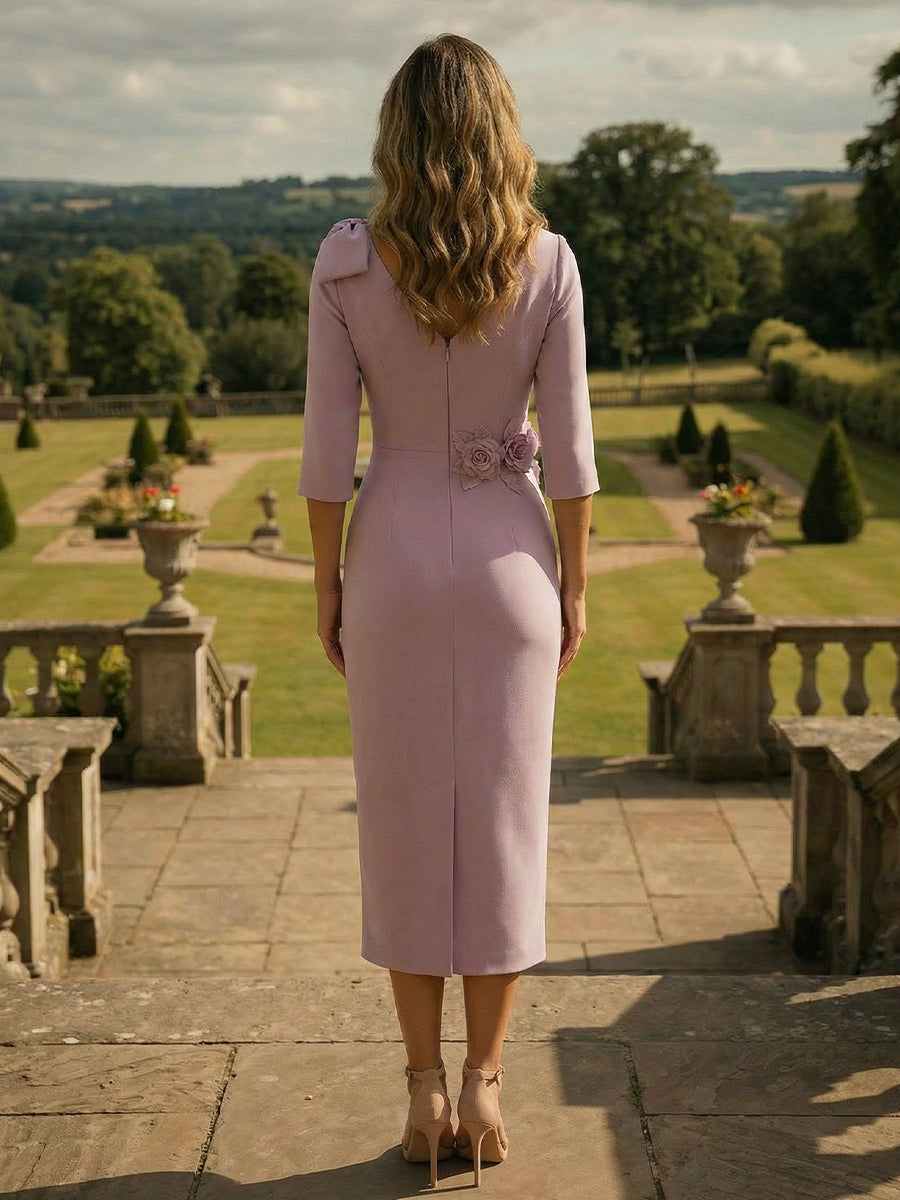 Sheath Satin V Neck 3/4 Sleeve Tea-Length Mother of the Bride Dresses with 3D Flowers & Bow