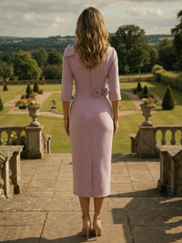 Sheath Satin V Neck 3/4 Sleeve Tea-Length Mother of the Bride Dresses with 3D Flowers & Bow