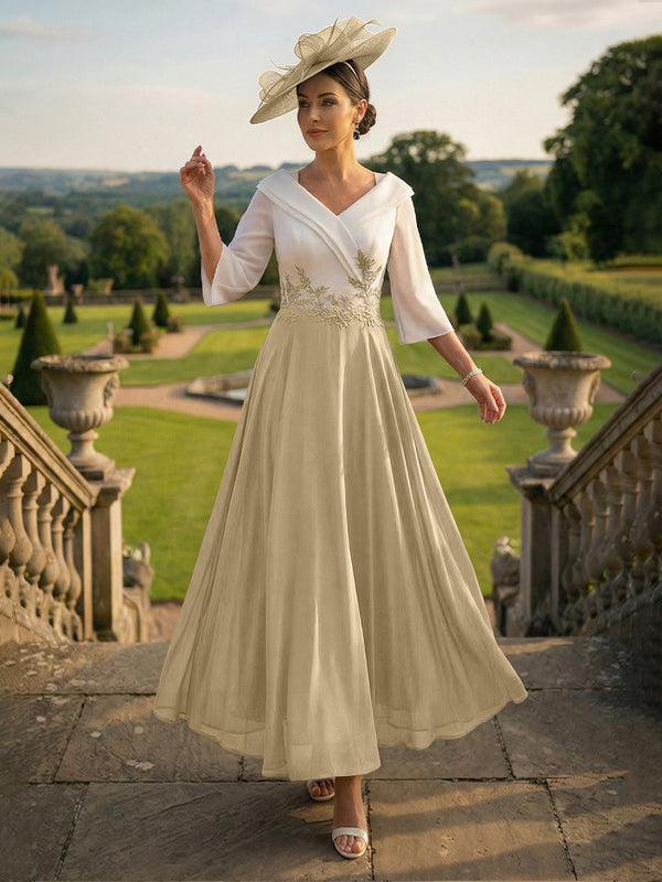 A-Line V-Neck Ankle-Length Mother of the Bride Dresses with Lace Appliques