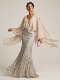 Mermaid Chic V Neck Long Flying Sleeve Floor-Length Mother of the Bride Dresses Party Gown with Flower