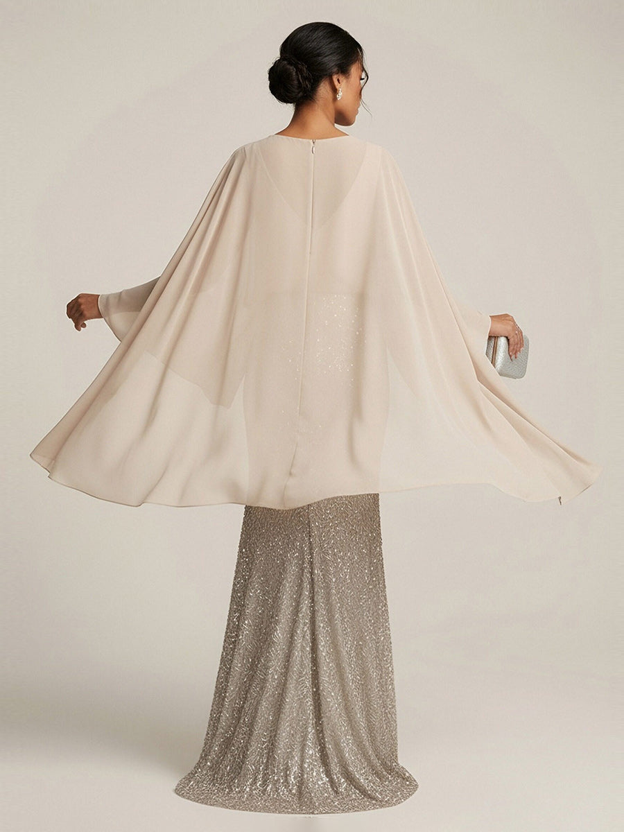 Mermaid Chic V Neck Long Flying Sleeve Floor-Length Mother of the Bride Dresses Party Gown with Flower