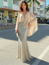 Mermaid Chic V Neck Long Flying Sleeve Floor-Length Mother of the Bride Dresses Party Gown with Flower