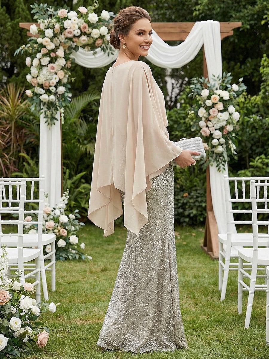 Mermaid Chic V Neck Long Flying Sleeve Floor-Length Mother of the Bride Dresses Party Gown with Flower