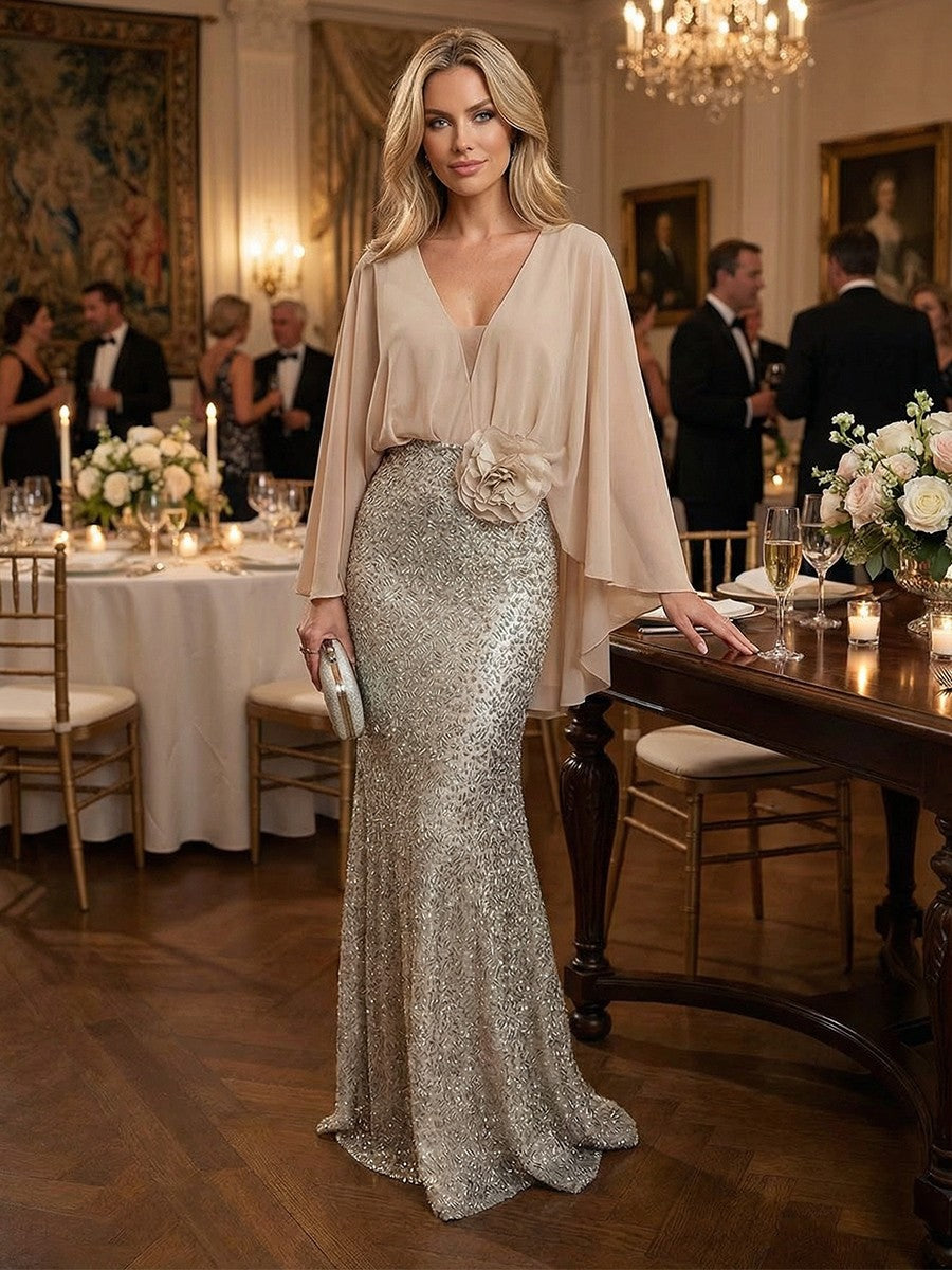 Mermaid Chic V Neck Long Flying Sleeve Floor-Length Mother of the Bride Dresses Party Gown with Flower