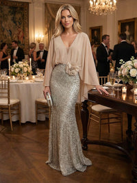 Mermaid Chic V Neck Long Flying Sleeve Floor-Length Mother of the Bride Dresses Party Gown with Flower