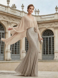 Mermaid Chic V Neck Long Flying Sleeve Floor-Length Mother of the Bride Dresses Party Gown with Flower