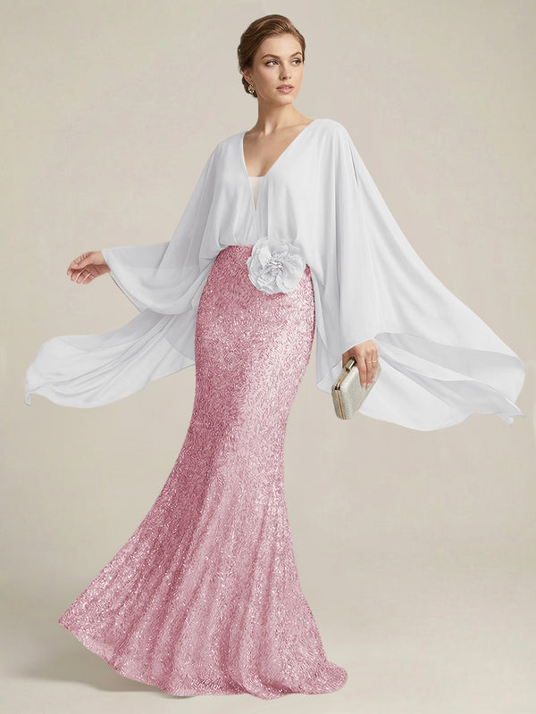 Mermaid Chic V Neck Long Flying Sleeve Floor-Length Mother of the Bride Dresses Party Gown with Flower