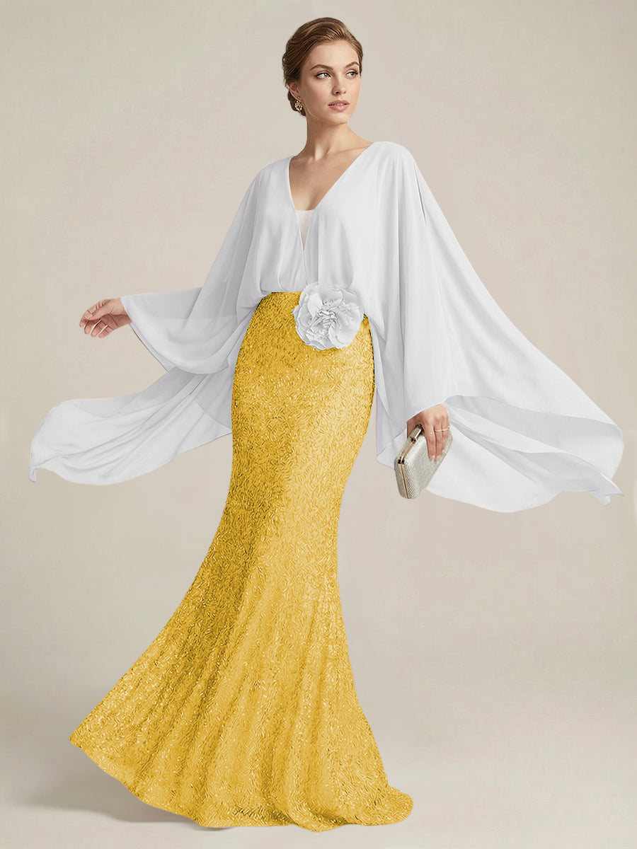 Mermaid Chic V Neck Long Flying Sleeve Floor-Length Mother of the Bride Dresses Party Gown with Flower