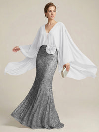 Mermaid Chic V Neck Long Flying Sleeve Floor-Length Mother of the Bride Dresses Party Gown with Flower