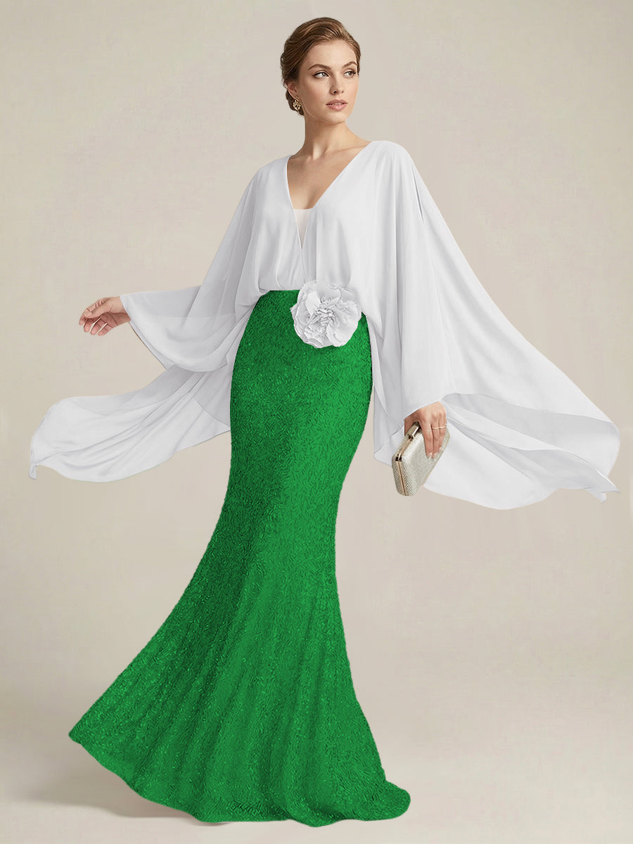 Mermaid Chic V Neck Long Flying Sleeve Floor-Length Mother of the Bride Dresses Party Gown with Flower