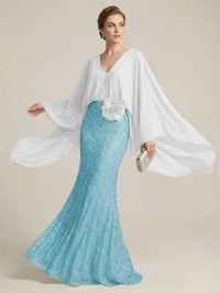 Mermaid Chic V Neck Long Flying Sleeve Floor-Length Mother of the Bride Dresses Party Gown with Flower