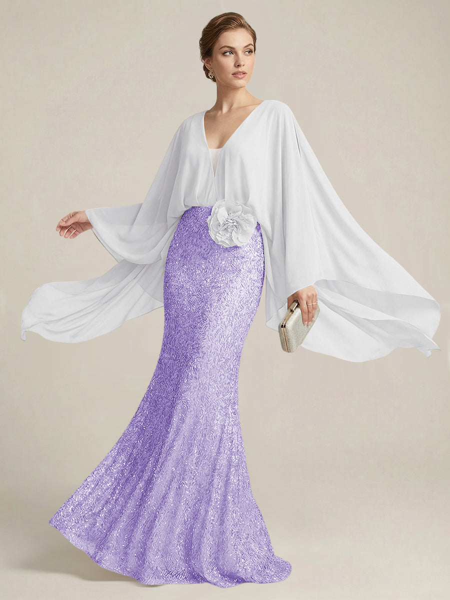 Mermaid Chic V Neck Long Flying Sleeve Floor-Length Mother of the Bride Dresses Party Gown with Flower