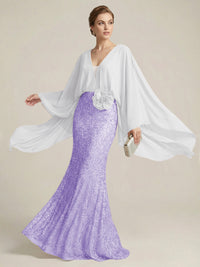Mermaid Chic V Neck Long Flying Sleeve Floor-Length Mother of the Bride Dresses Party Gown with Flower