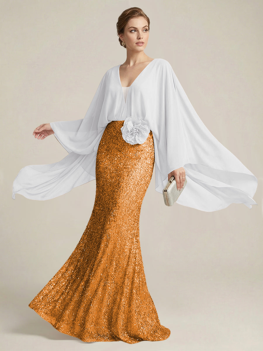 Mermaid Chic V Neck Long Flying Sleeve Floor-Length Mother of the Bride Dresses Party Gown with Flower