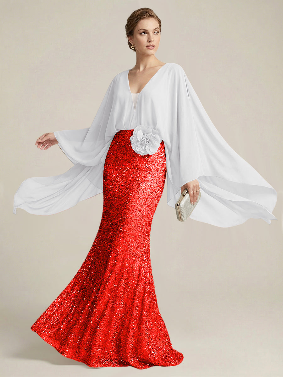 Mermaid Chic V Neck Long Flying Sleeve Floor-Length Mother of the Bride Dresses Party Gown with Flower