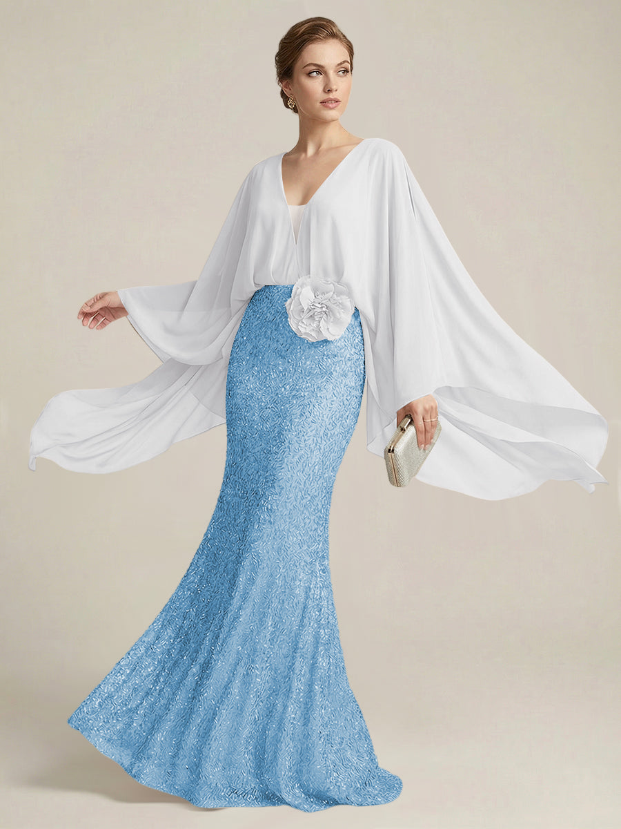 Mermaid Chic V Neck Long Flying Sleeve Floor-Length Mother of the Bride Dresses Party Gown with Flower