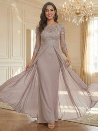 Sheath Scoop Neck 3/4 Sleeve Floor-Length Mother of the Bride Dresses with Lace Appliques