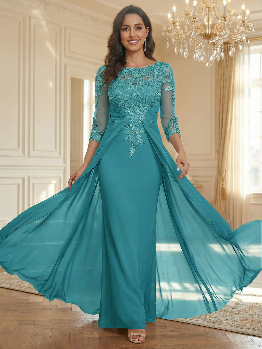 Sheath Scoop Neck 3/4 Sleeve Floor-Length Mother of the Bride Dresses with Lace Appliques