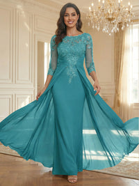Sheath Scoop Neck 3/4 Sleeve Floor-Length Mother of the Bride Dresses with Lace Appliques