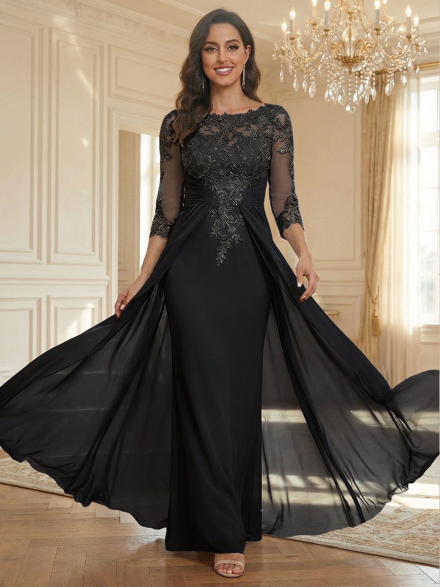 Sheath Scoop Neck 3/4 Sleeve Floor-Length Mother of the Bride Dresses with Lace Appliques