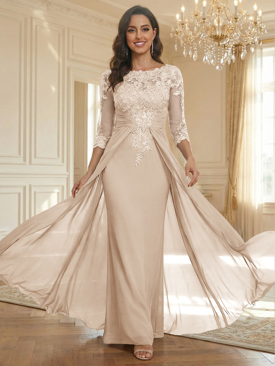 Sheath Scoop Neck 3/4 Sleeve Floor-Length Mother of the Bride Dresses with Lace Appliques