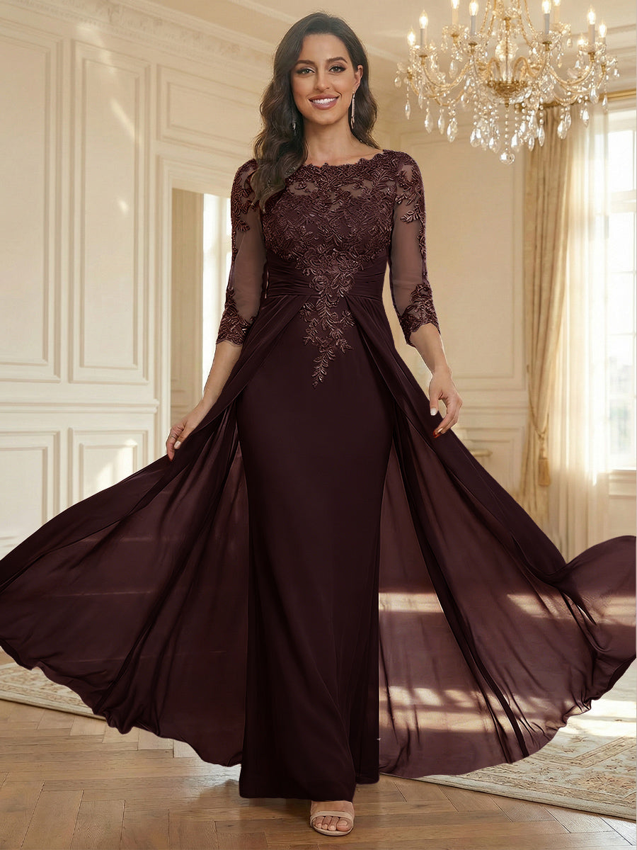 Sheath Scoop Neck 3/4 Sleeve Floor-Length Mother of the Bride Dresses with Lace Appliques
