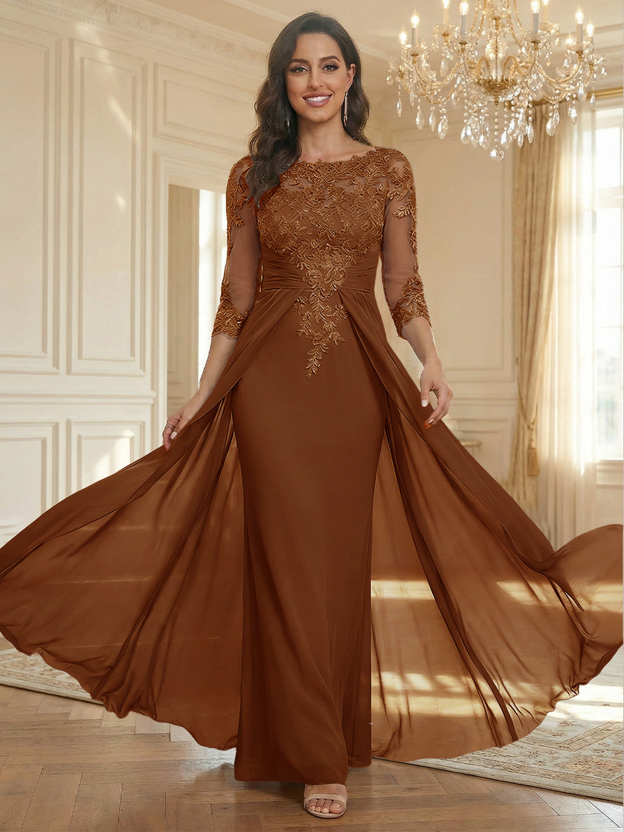 Sheath Scoop Neck 3/4 Sleeve Floor-Length Mother of the Bride Dresses with Lace Appliques