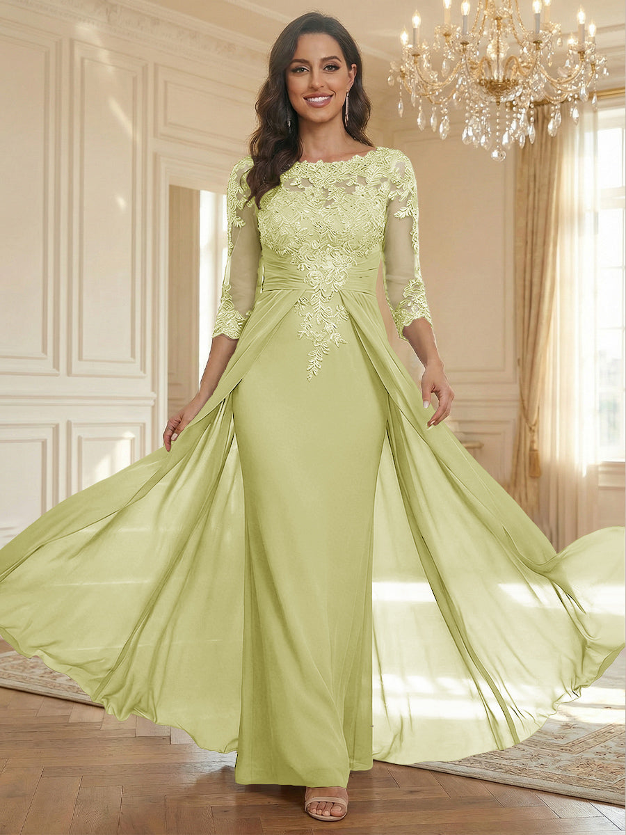 Sheath Scoop Neck 3/4 Sleeve Floor-Length Mother of the Bride Dresses with Lace Appliques