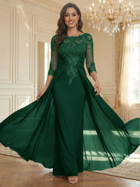 Sheath Scoop Neck 3/4 Sleeve Floor-Length Mother of the Bride Dresses with Lace Appliques