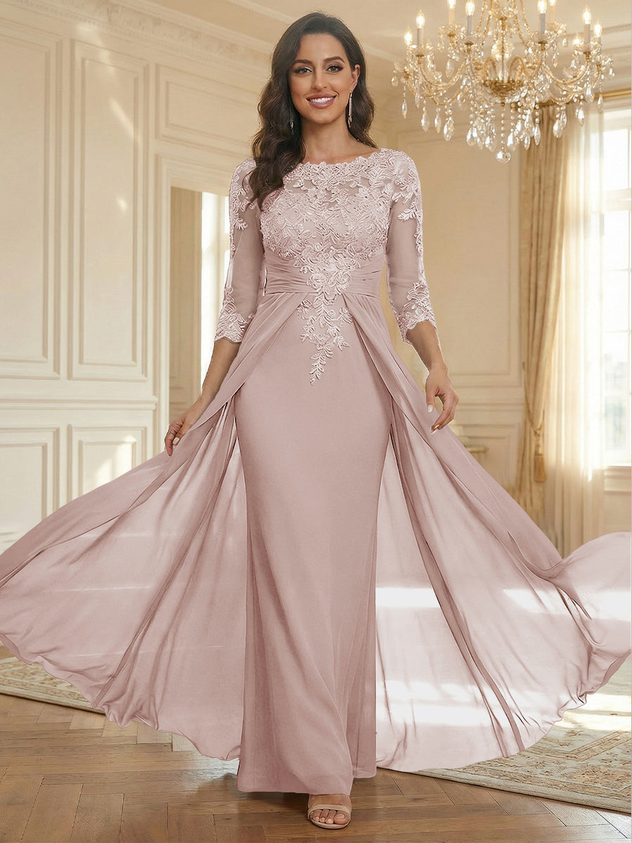 Sheath Scoop Neck 3/4 Sleeve Floor-Length Mother of the Bride Dresses with Lace Appliques