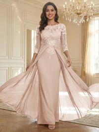 Sheath Scoop Neck 3/4 Sleeve Floor-Length Mother of the Bride Dresses with Lace Appliques