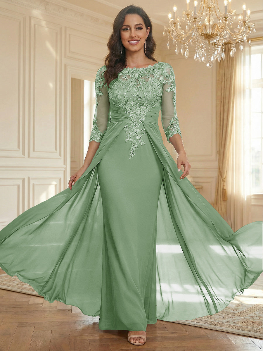 Sheath Scoop Neck 3/4 Sleeve Floor-Length Mother of the Bride Dresses with Lace Appliques