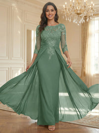 Sheath Scoop Neck 3/4 Sleeve Floor-Length Mother of the Bride Dresses with Lace Appliques