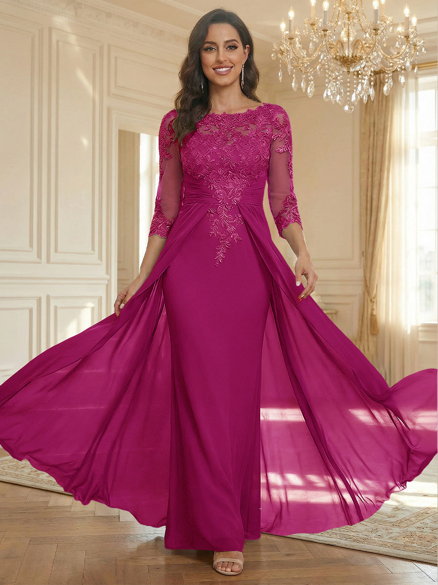Sheath Scoop Neck 3/4 Sleeve Floor-Length Mother of the Bride Dresses with Lace Appliques