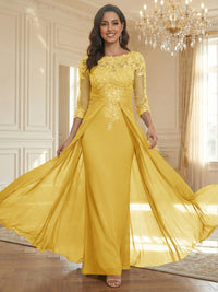 Sheath Scoop Neck 3/4 Sleeve Floor-Length Mother of the Bride Dresses with Lace Appliques