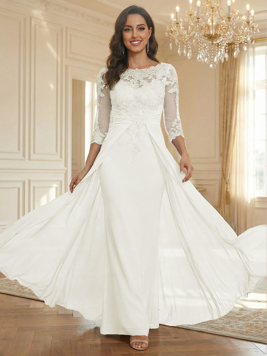 Sheath Scoop Neck 3/4 Sleeve Floor-Length Mother of the Bride Dresses with Lace Appliques