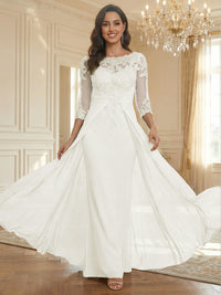 Sheath Scoop Neck 3/4 Sleeve Floor-Length Mother of the Bride Dresses with Lace Appliques