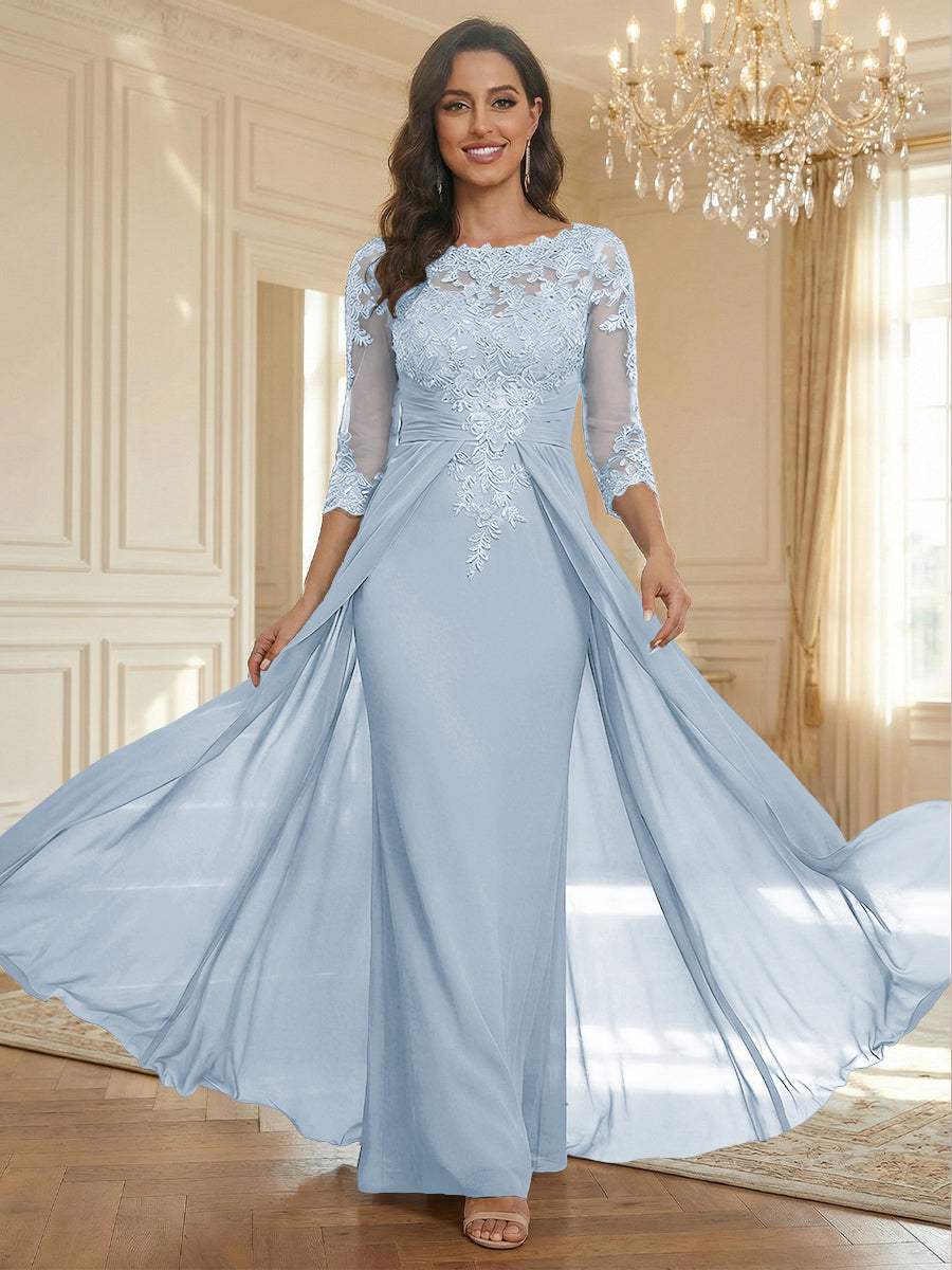 Sheath Scoop Neck 3/4 Sleeve Floor-Length Mother of the Bride Dresses with Lace Appliques
