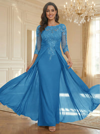 Sheath Scoop Neck 3/4 Sleeve Floor-Length Mother of the Bride Dresses with Lace Appliques
