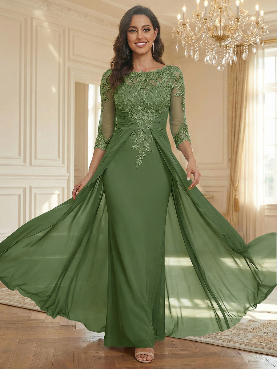 Sheath Scoop Neck 3/4 Sleeve Floor-Length Mother of the Bride Dresses with Lace Appliques