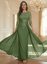 Sheath Scoop Neck 3/4 Sleeve Floor-Length Mother of the Bride Dresses with Lace Appliques