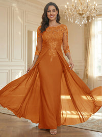 Sheath Scoop Neck 3/4 Sleeve Floor-Length Mother of the Bride Dresses with Lace Appliques