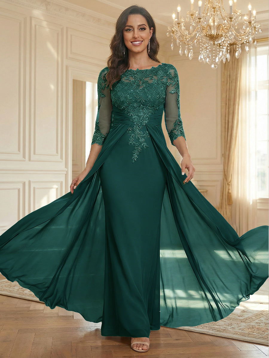 Sheath Scoop Neck 3/4 Sleeve Floor-Length Mother of the Bride Dresses with Lace Appliques