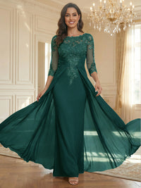 Sheath Scoop Neck 3/4 Sleeve Floor-Length Mother of the Bride Dresses with Lace Appliques