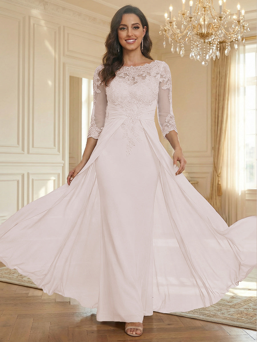 Sheath Scoop Neck 3/4 Sleeve Floor-Length Mother of the Bride Dresses with Lace Appliques