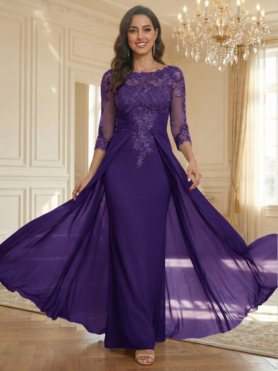 Sheath Scoop Neck 3/4 Sleeve Floor-Length Mother of the Bride Dresses with Lace Appliques