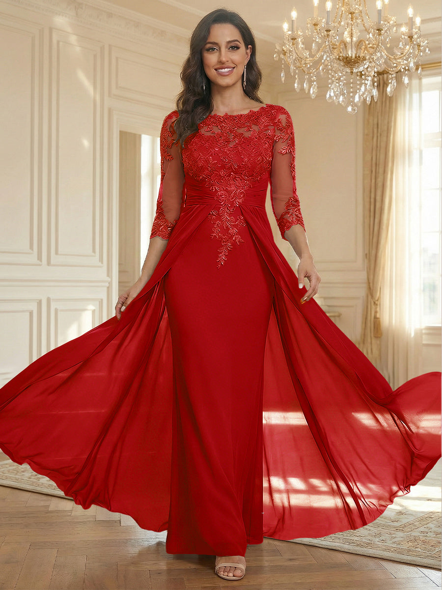 Sheath Scoop Neck 3/4 Sleeve Floor-Length Mother of the Bride Dresses with Lace Appliques