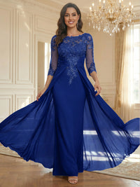Sheath Scoop Neck 3/4 Sleeve Floor-Length Mother of the Bride Dresses with Lace Appliques